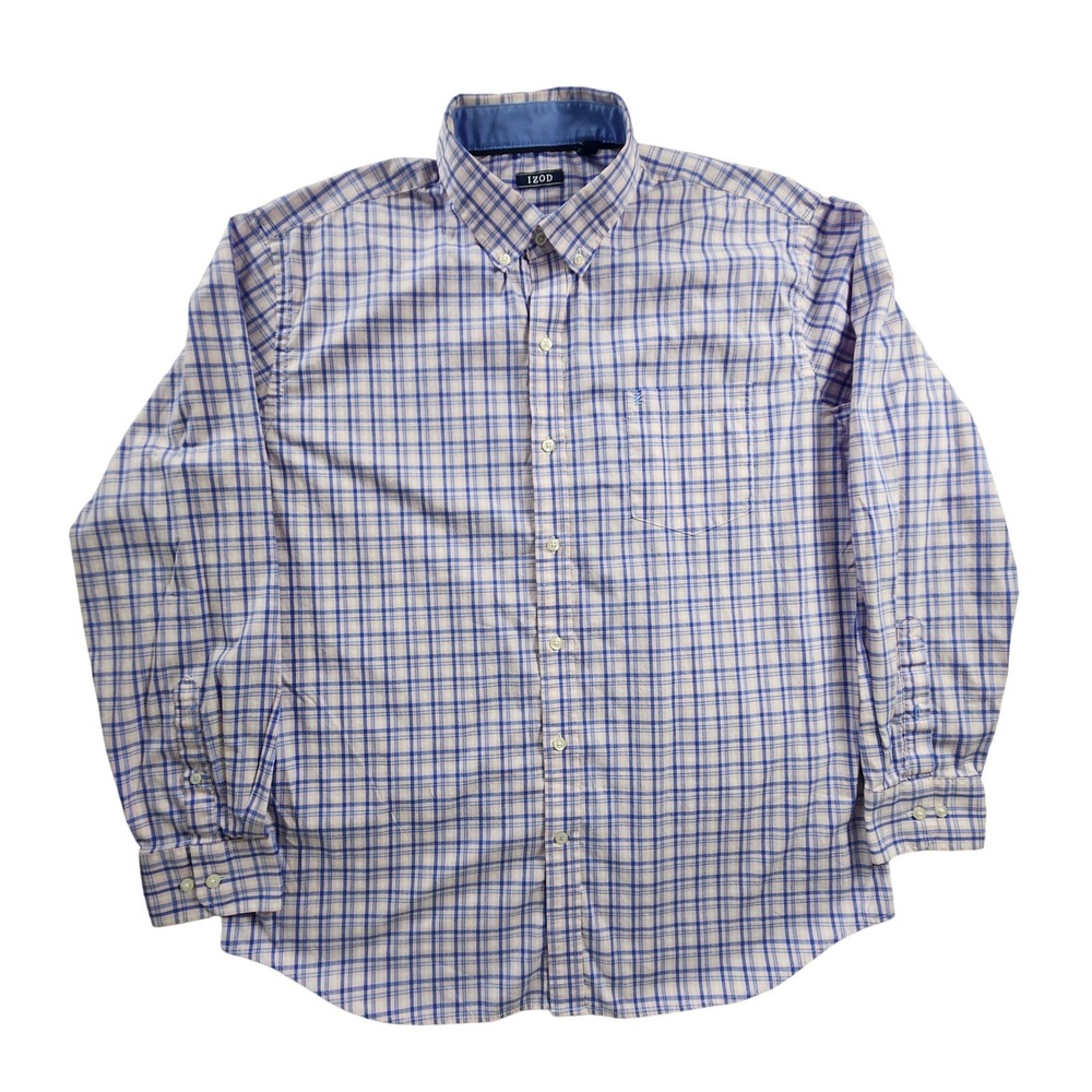 IZOD Mens XL Blue White Plaid Button Long Sleeve Cotton Blend Bright Lightweight